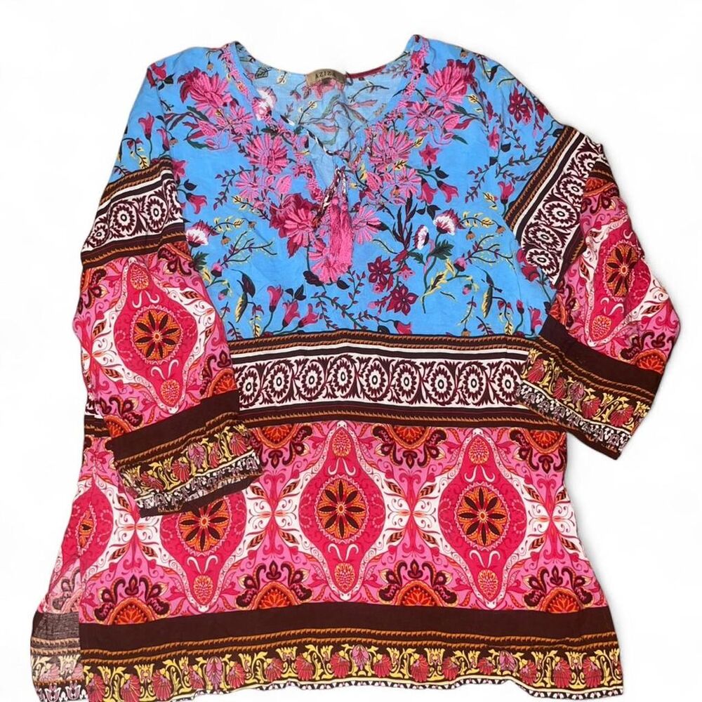 Aziza Women's 100% Viscose Silk Floral Embroidered Blouse Tassels SX XL